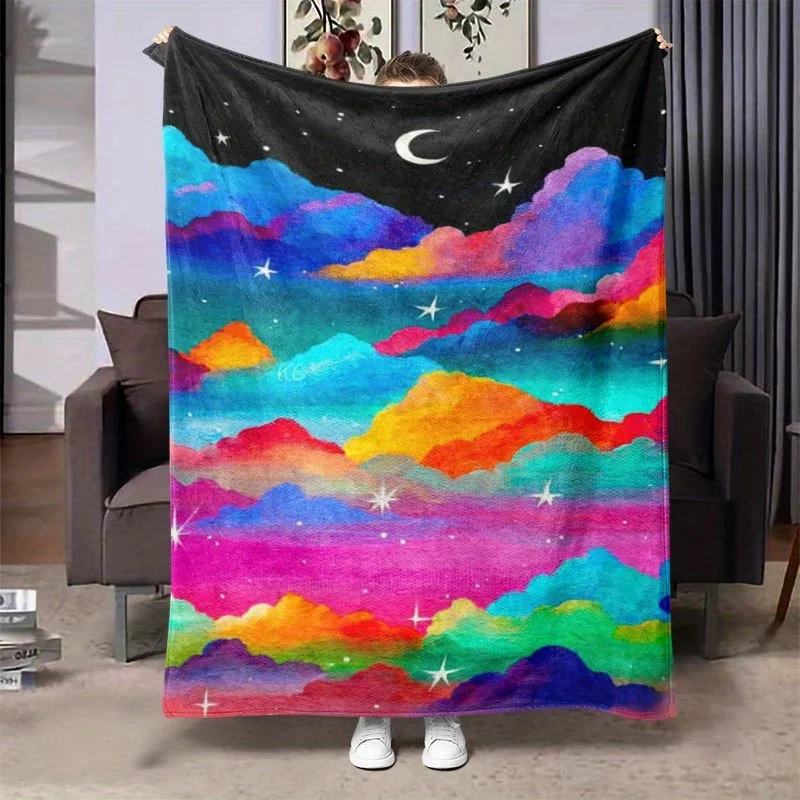 

pc Vibrant Galaxy Mountain Print Flannel Blanket Soft Warm AllSeason Throw with Stars Planets Colorful Nebula Design