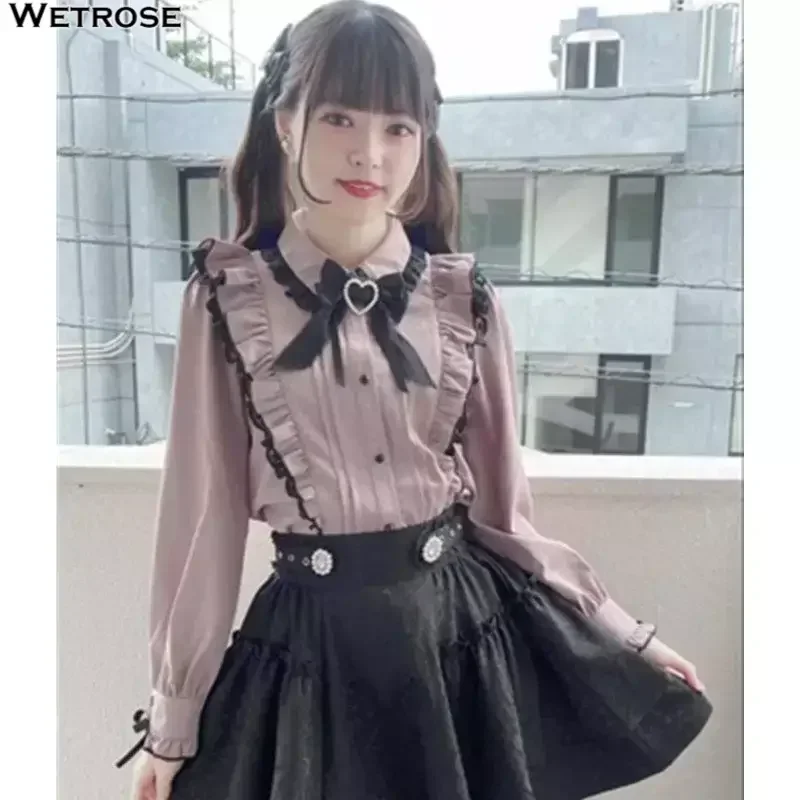 【Wetrose】Jirai Kei Clothes Costume Mine Style Cute Girl Ryousangata Japanese Kawaii Black Pink Ruffle Skirt Dress Harajuku Y2k