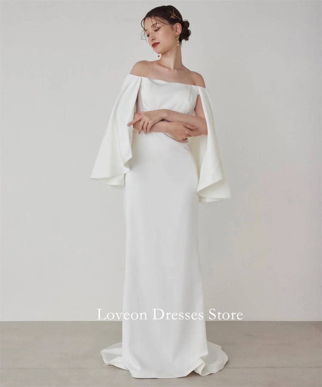 

Off the Shoulder Wedding Dresses Customized Satin Simple Sweep Train Pretty White A-Line Bride Gowns Party Women Bride