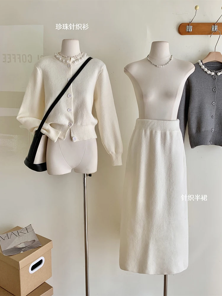 French Style Elegant Set Autumn and Winter Pearl Round Neck Short Knitted Shirt + Casual A-line skirt Fashion Two-piece Set