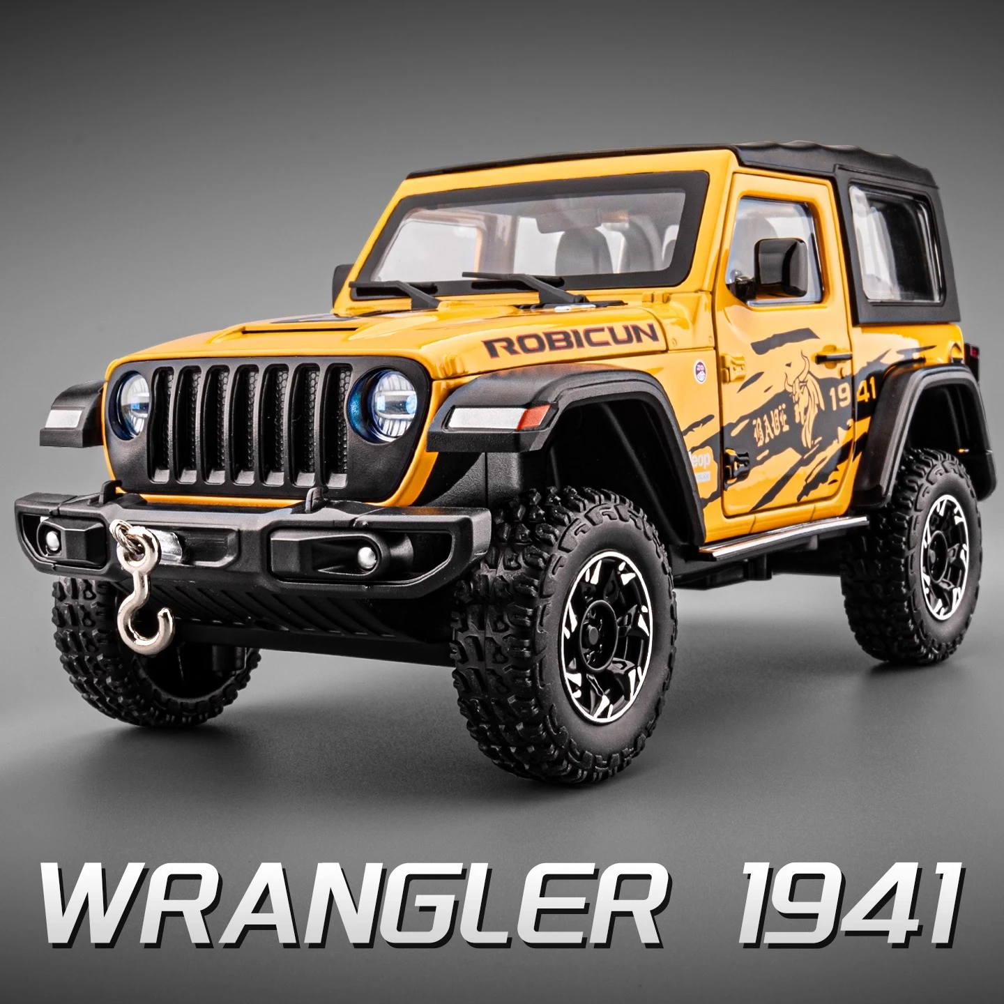 1:24 1941 Wrangler Model symulacyjny, metalowy, kabriolet, pojazd terenowy z dźwiękiem i światłem, zabawka samochodowa z napędem pull-back, ozdoba.