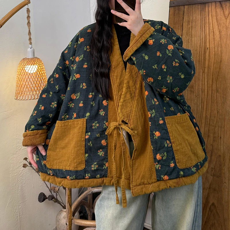 

Новое поступление осени/зимы, женские винтажные парки на одной пуговице с цветочным принтом, свободные повседневные хлопковые пальто с длинными рукавами и карманами в стиле пэчворк H114