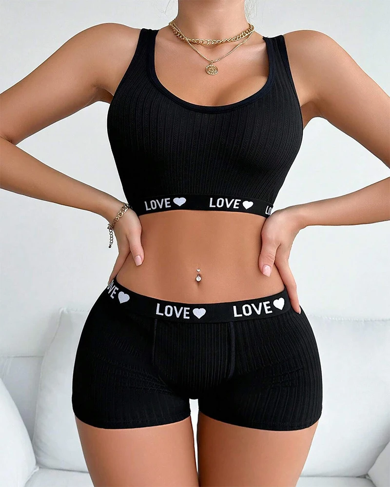 2 Pieces Lingerie Set Letter Print Scoop Neck Sleeveless Bralette and Skinny Underwear Shorts Set