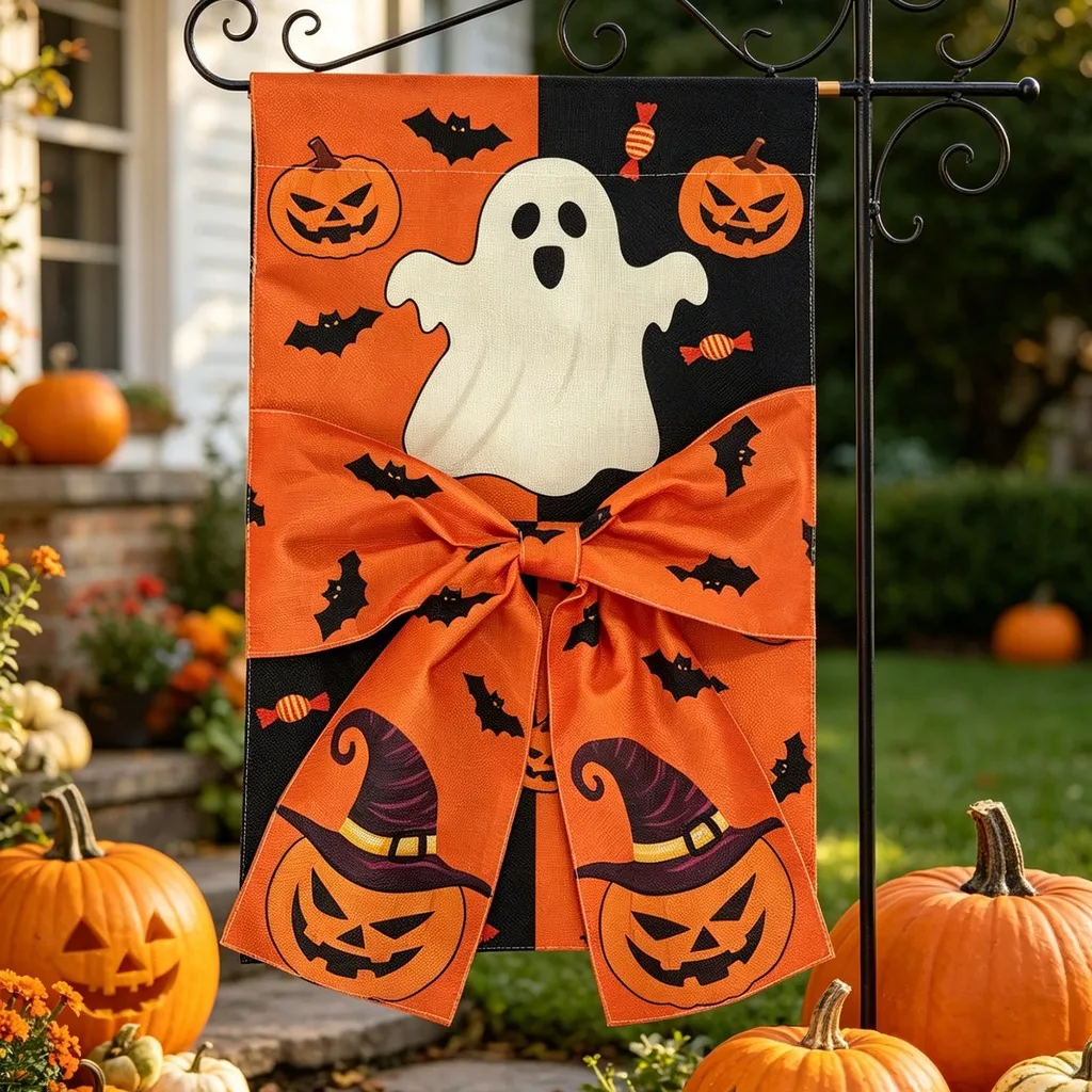 Halloween Garden Flag with 3D Large Bowknot Double Sided Ghost Pumpkin Witch Hat Yard Flag Outdoor Holiday Party Banner Decor