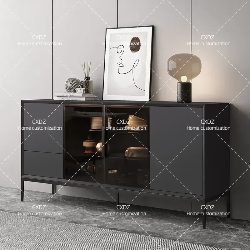 Italian Minimalist Dining Side Cabinet Wine Storage Modern Solid Wood with Sensor Lamp Tea Entryway Multi-functional Cupboard