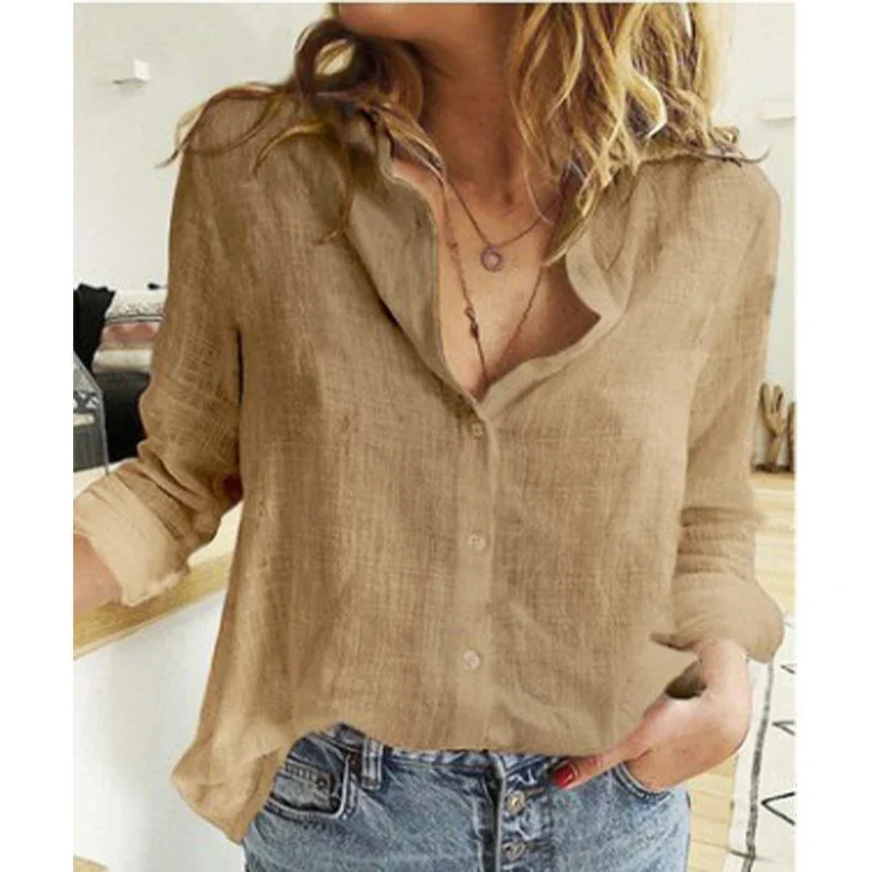 Elegant Cotton Linen Shirts Women Casual Solid Button Lapel Blouses Shirts Autumn/Winter Long Sleeve Loose Plus size Woman Tops