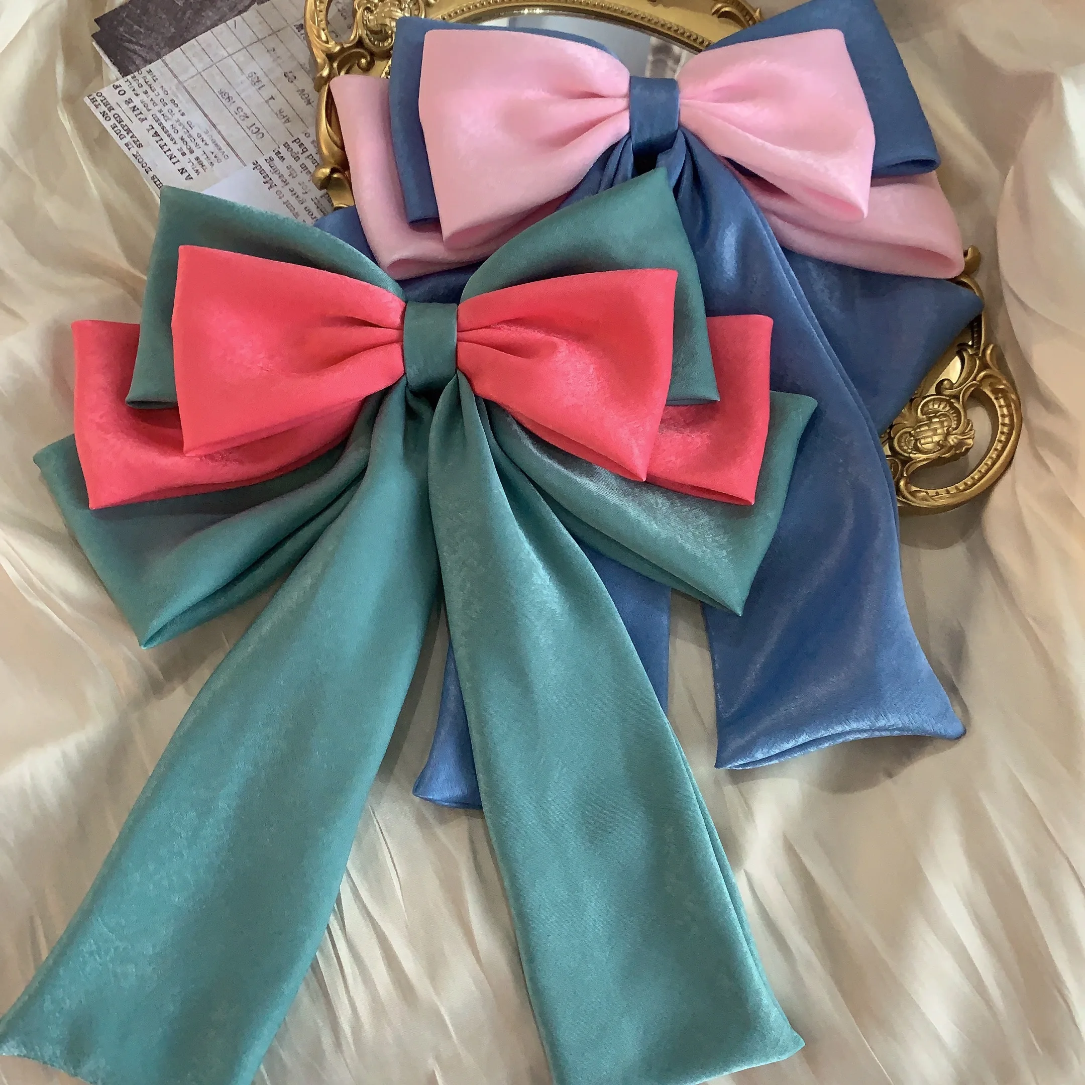 Exaggerate and oversized Satin Bow Hair Clip for Women Girls Long Ribbon Barrette Hairpin Color block KoreanHair Accessories