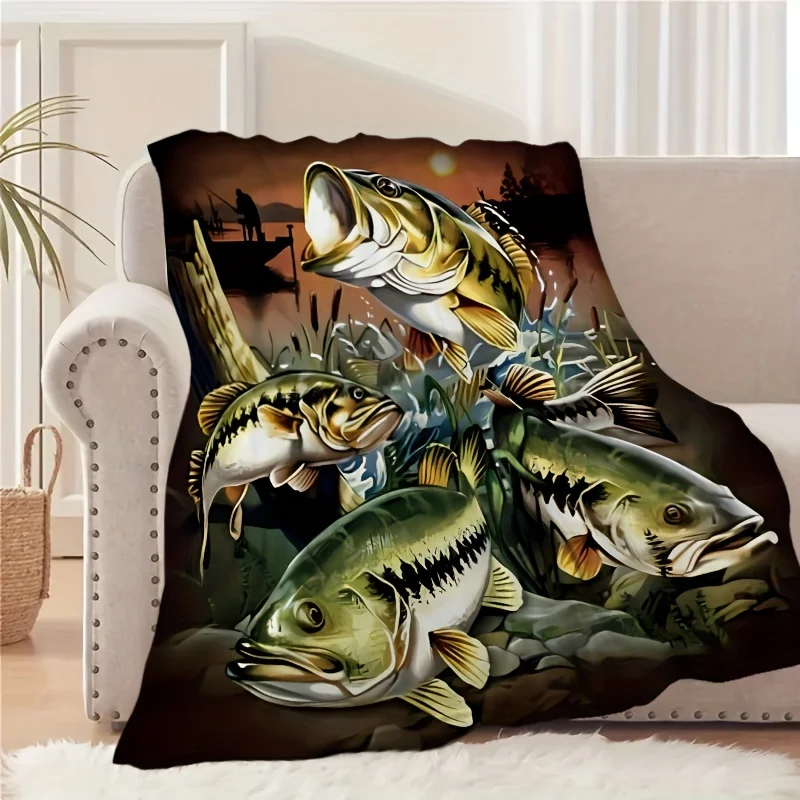 Fish Pattern Flannel Blanket Soft Comfortable for Nap Sofa Camping Travel All Seasons - Perfect for Fishing Lovers