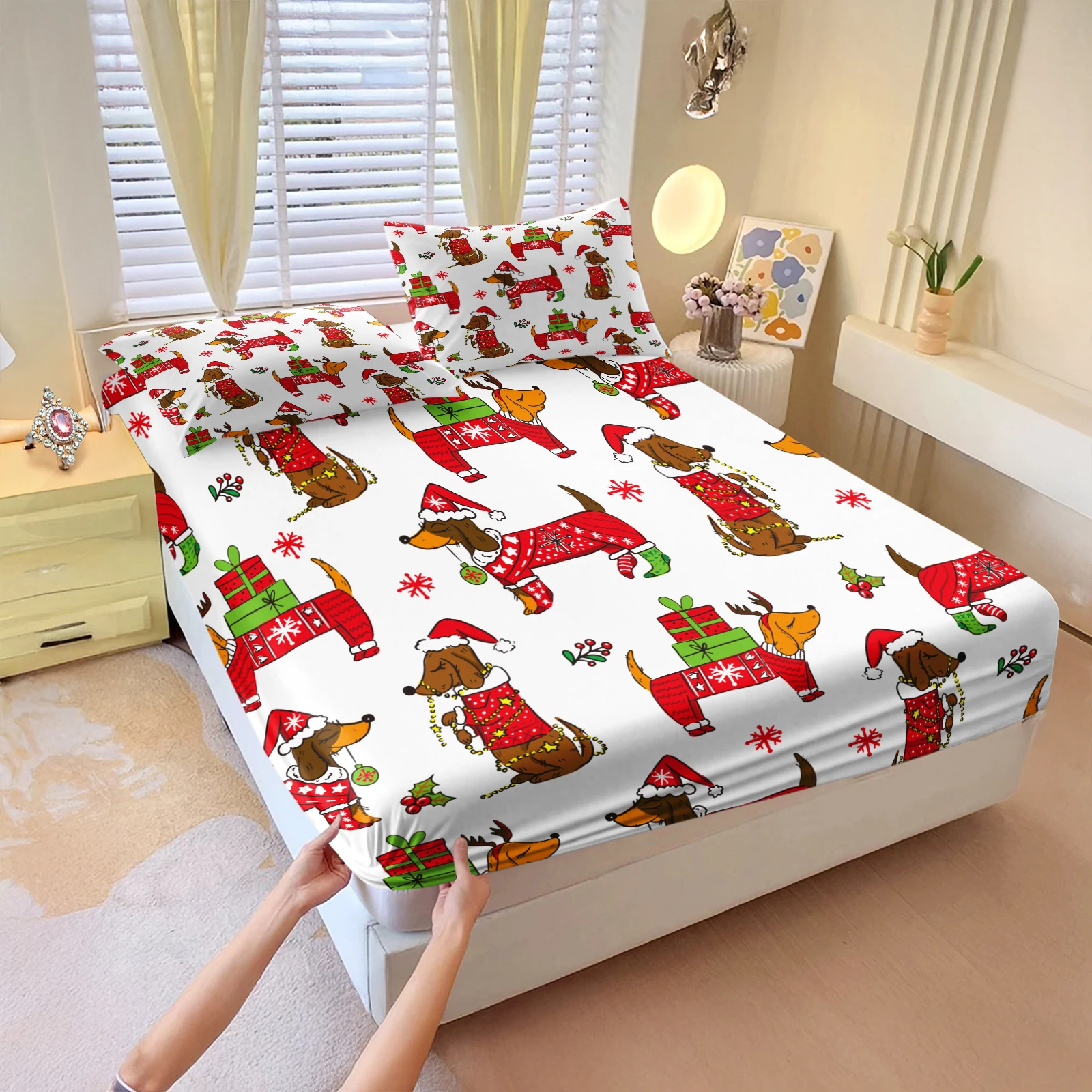 Merry Christmas Dachshund Fitted Sheet with Red Sweaters & Gifts. Cozy Holiday Bedding for Winter Decor