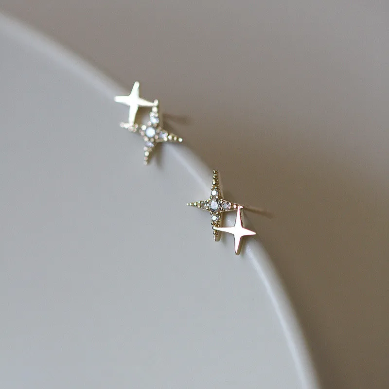 925 Sterling Silver Plated 14K Gold Stud Earrings Women Radiance Four Corner Small Stars Zircon Temperament INS Trendy Jewelry