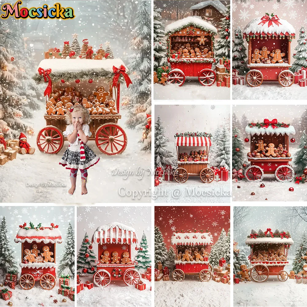 

Mocsicka Christmas Gingerbread Cart Background Photography Winter Snowy Forest Backdrop Kids Xmas Gift Birthday Party Photozone