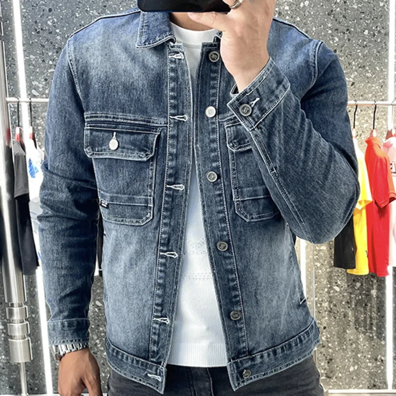 

Fall Simple Solid Color Jacket For Men Retro Trend Lapel Denim Jacket Ripped Button Jean Jacket Outfit Coat Streetwear Jacket