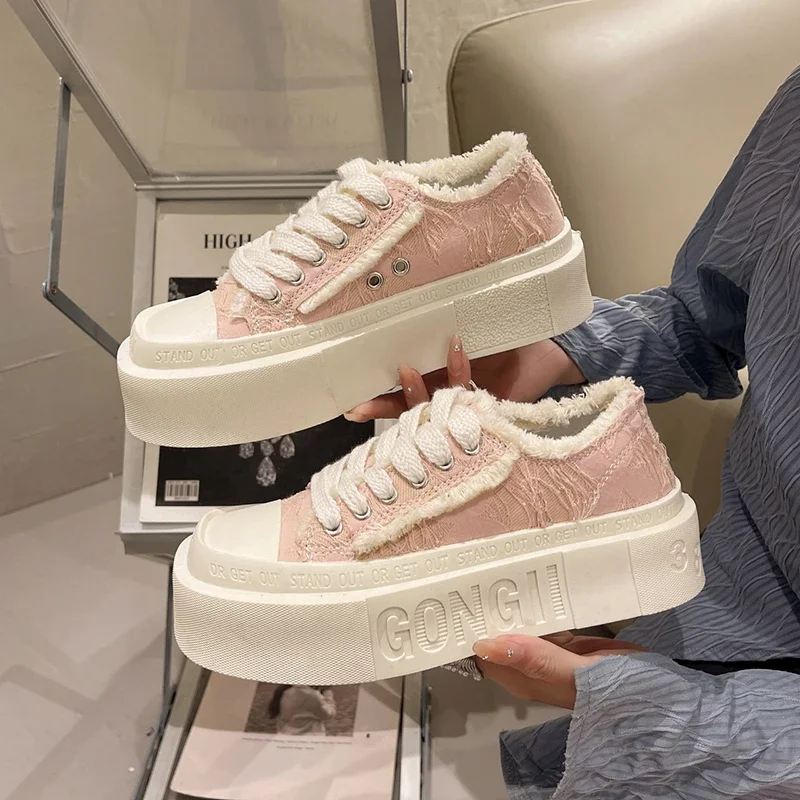 Canvas Shoes Women New Versatile Platform Square Toe White Shoes Beggar Casual Breathable Sneakers Popular Biscuit Shape Shoes