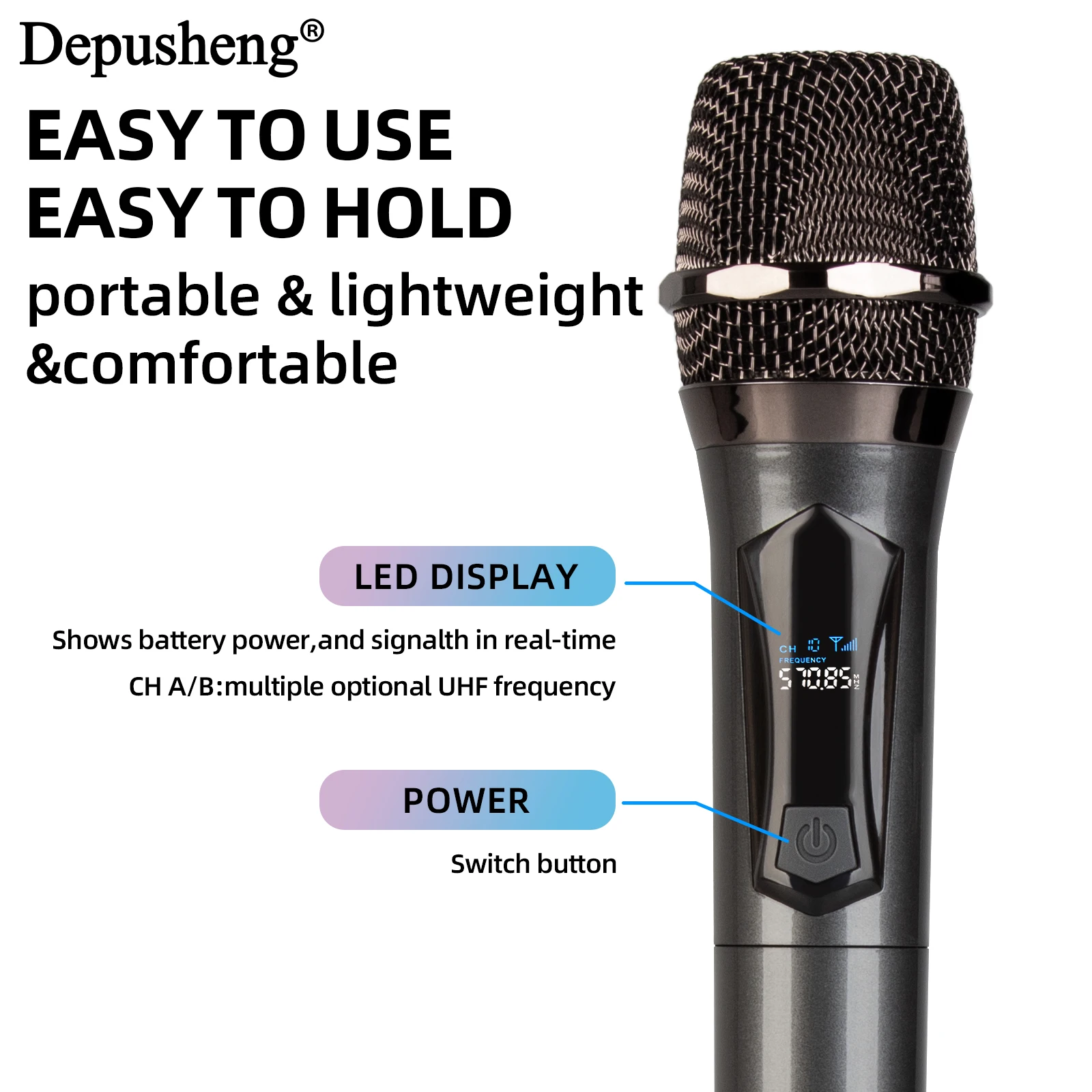 Depusheng 1/2/4Channel Wireless Microphone System with Rechargeable Receiver Cordless Handheld Mic for Karaoke Church Party