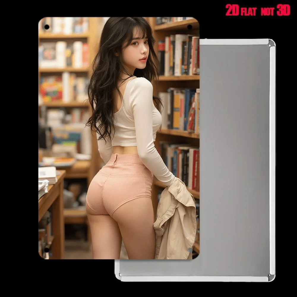 HD Metal Tin Sign Alluring Asian Girl in Library Outfit Vintage Wall Art Decor for Home Study Bar Retro Metal Plaque Poster