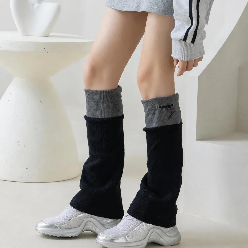 1 pair Harajuku Middle Tube Leg Warmers Breathable Adjustable Buckle Calf Socks Drawstring Closure Gray Spliced Foot Cover Women