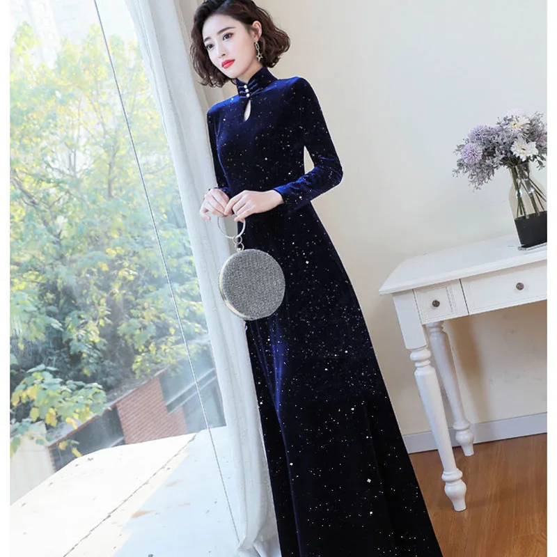 

Bridal Cheongsam Dresses Women Autumn Winter 2024 New Long-sleeved Chinese Velvet Engagement Wedding Dress Female Party Vestidos