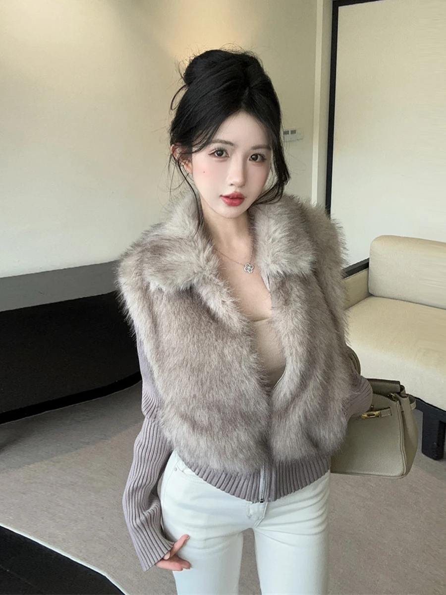 Trendy Spicy Girl Autumn Winter Knitted Patchwork Sleeve Coat Women's Slimming Versatile Fashionable Top High-End Feeling