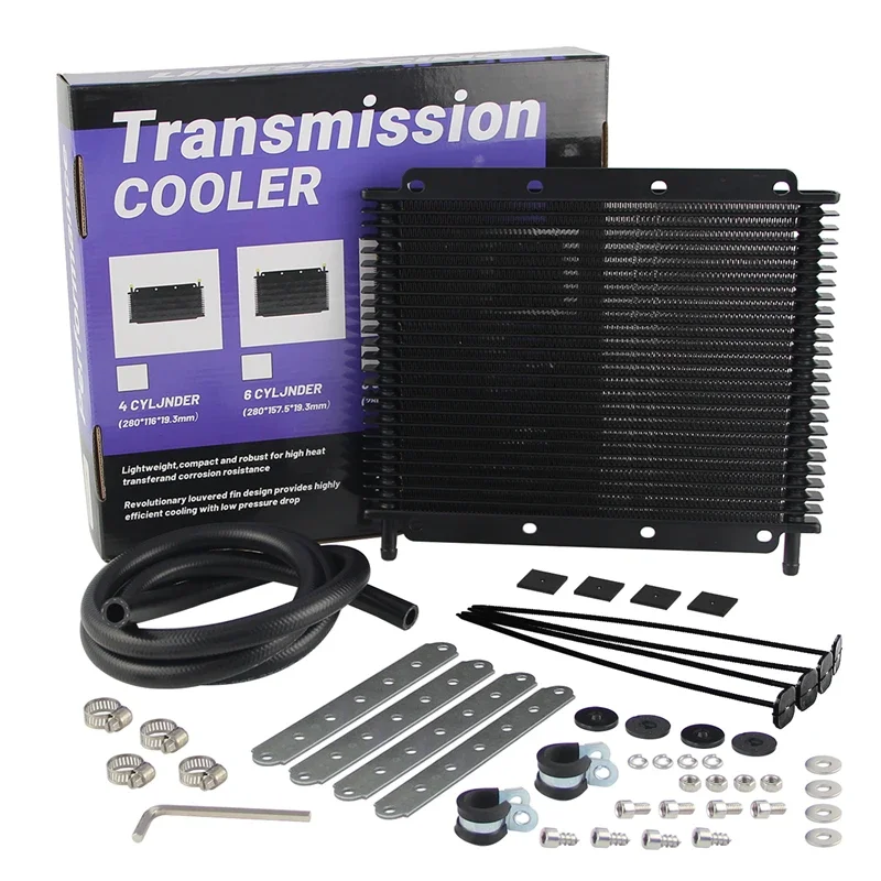 

Black 25 Row Transmission Oil Cooler Kit Universal 11"x7.8"x0.75" (280x198x19mm) inlet/outlet 9.6mm 3/8" Barb Tube&fin Aluminum
