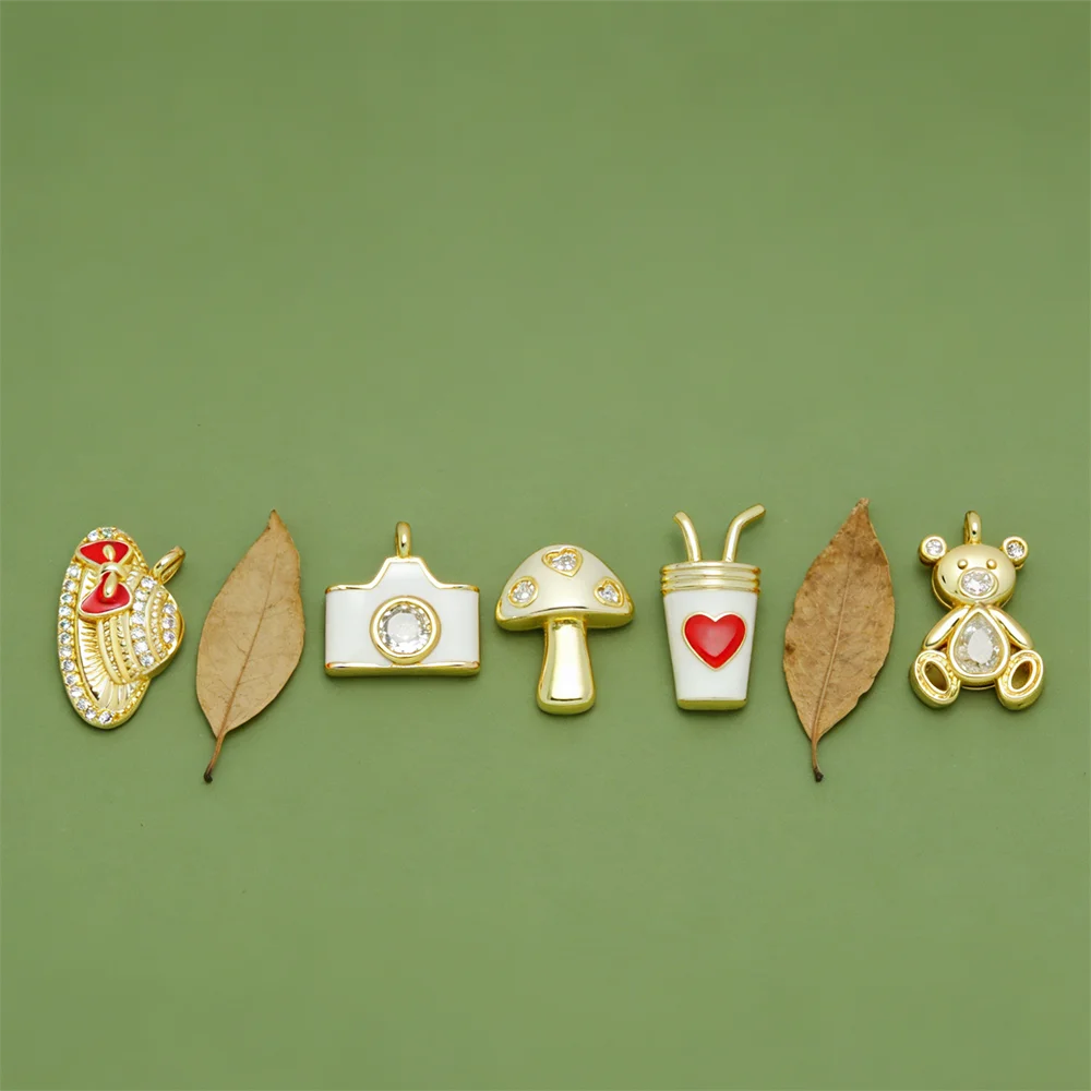 4Pcs Pendant Cute Camera Ice Cream Cup Bear Shoe Charms Brass Enamel Zircon for DIY Jewelry Making Bracelet Necklace Accessories
