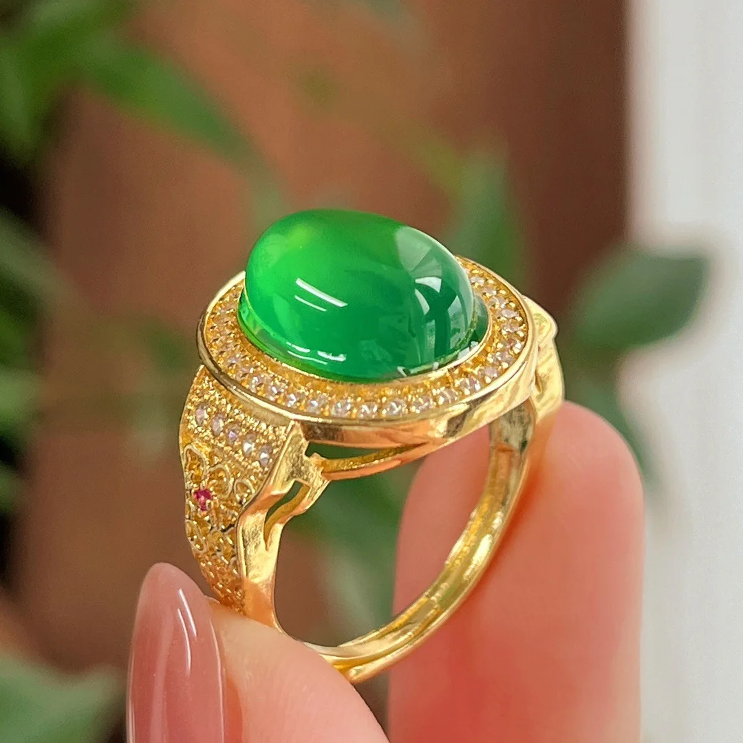 National style retro natural emperor green full green chalcedony agate ring