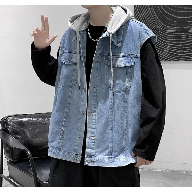 

Fall Winter Large Size 300 Pounds Denim Jacket Vest Men's Sleeveless Hooded Top Ins Style Clothing Shoulder Pad Vest