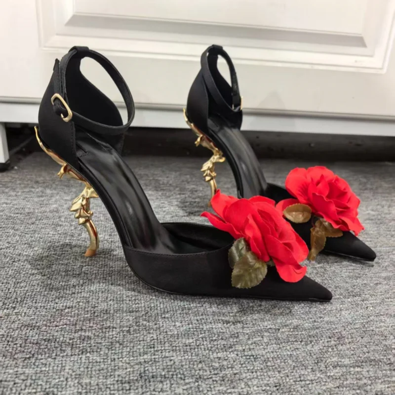 صنادل على شكل زهرة أحذية نسائية بكعب منقوش بحزام الكاحل بمقدمة مدببة من Zapatos De Mujer فستان نسائي مثير من Sandalias