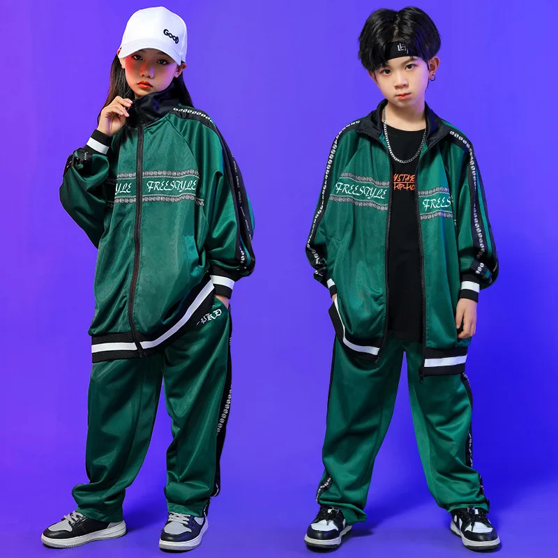 Kid Kpop Hip Hop Clothing Green Print Oversized Shirt Jacket Casual Sweat Pants for Girl Boy Jazz Dance Costume Clothes Outfits