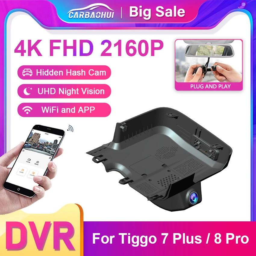 Para Chery Tiggo 7Plus Tiggo 8Pro Deluxe 2022-2026, cámara de salpicadero 4K cámara DVR delantera y trasera para coche Plug and Play grabadora de vídeo Wifi