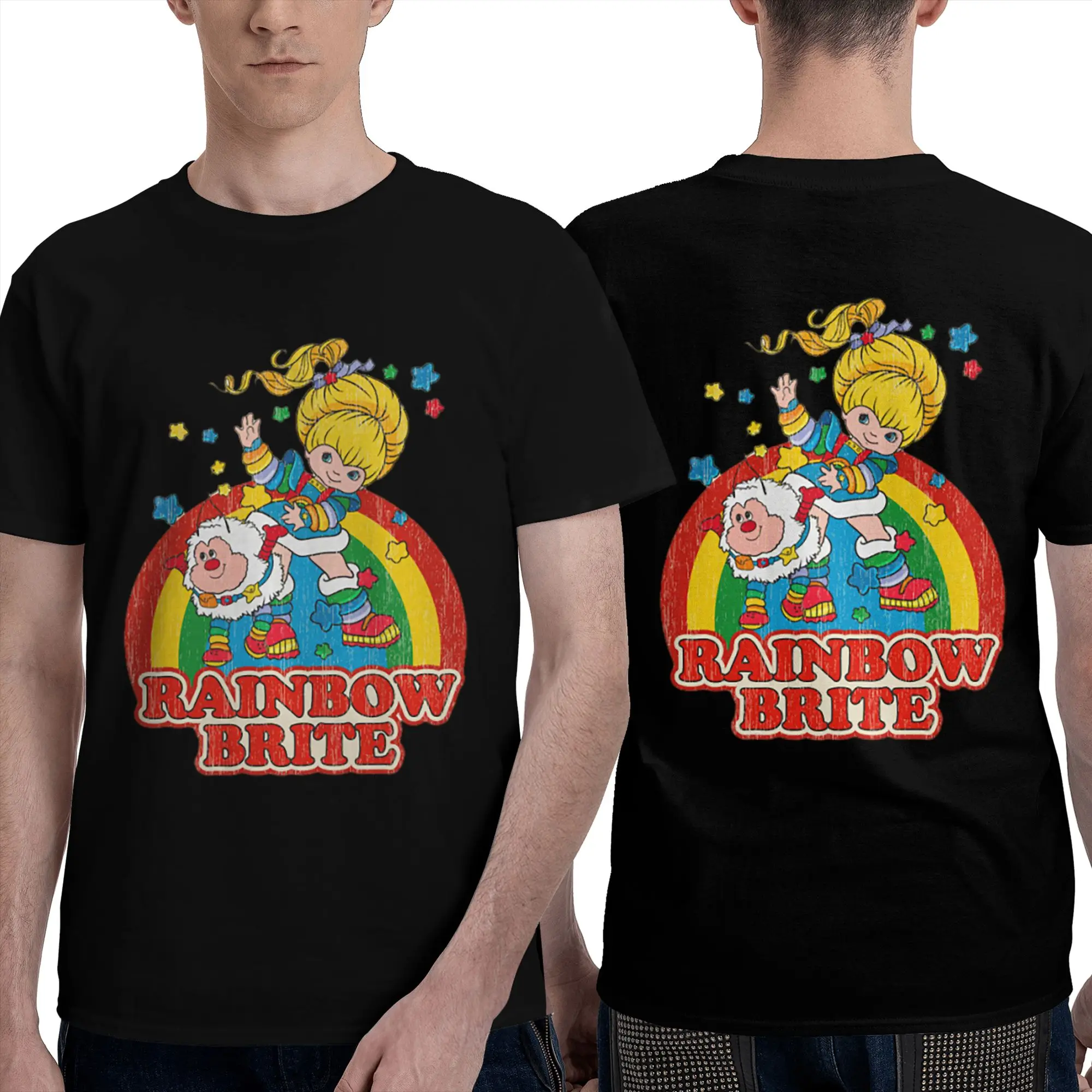 Camiseta Rainbow Brite Vintage de diseño colorido para hombre, camisetas de gran tamaño de doble cara, camisetas de algodón con cuello redondo para hombre, camisetas cortas de verano para hombre