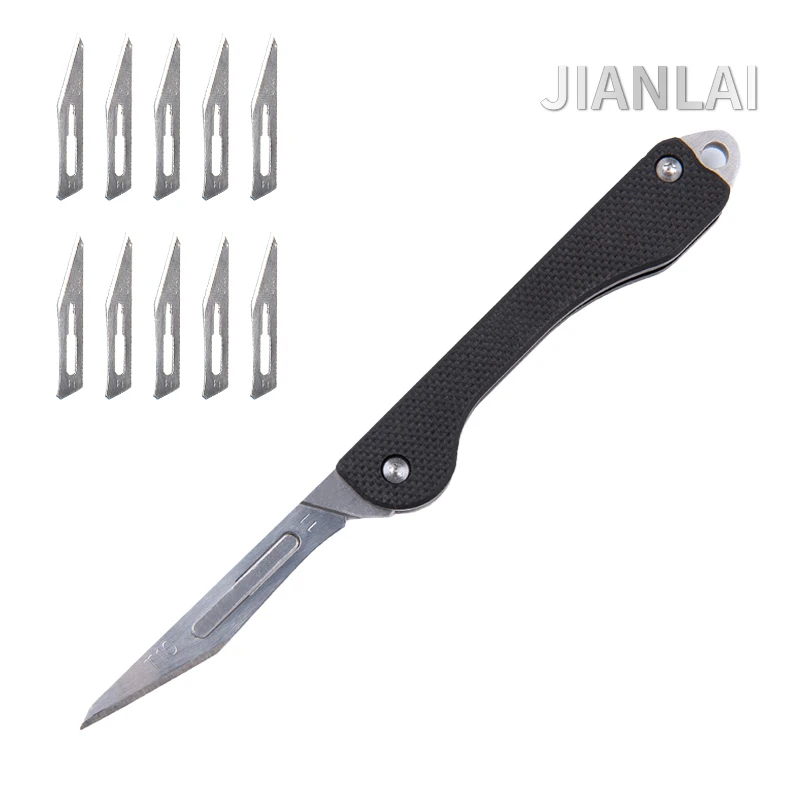 New Mini G10 Material Folding Knife Portable Detachable EDC Knife Hanging Keychain Pocket Knife Surgical Scalpel 10 Blades Free