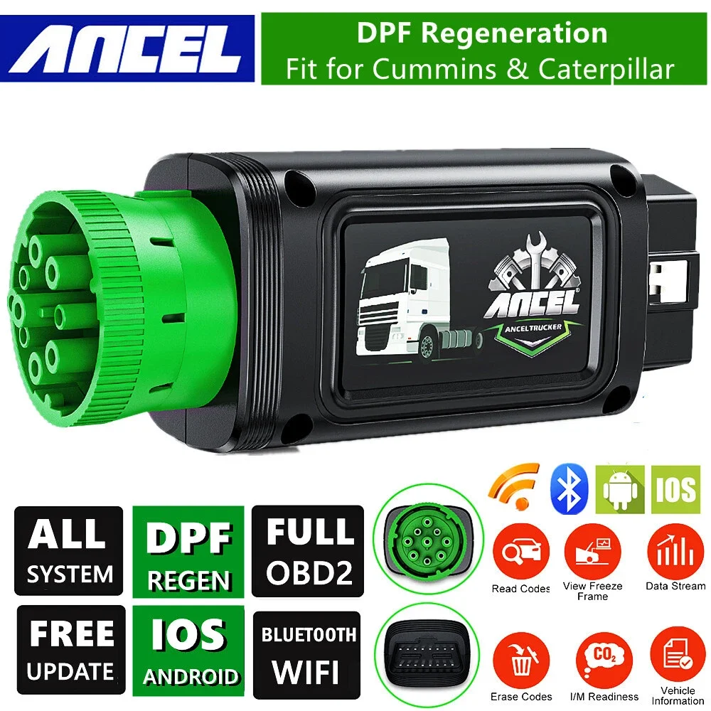 Bluetooth OBD2 Scanner for Cummins Caterpillar Heavy Duty Truck DPF Regen Forced Regen ANCEL HD100 All System Diesel Scanner