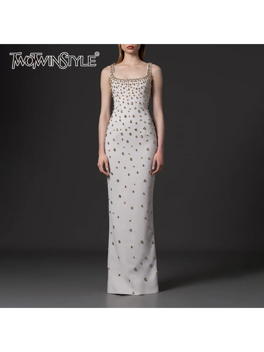 TWOTWINSTYLE Solid Spliced Diamond Slimming Maxi Dress for Women Square Neck Sleeveless Patchwork Zip Dresses Female Fashion New