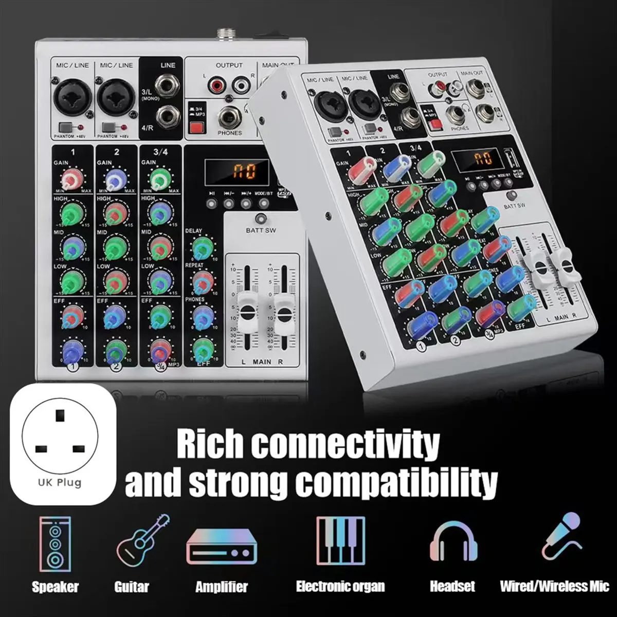 

4-канальный аудиомикшер XLR DJ Караоке Микшерная консоль XLR Bluetooth 48 В Фантомное питание для ПК Запись MP3 Британская вилка