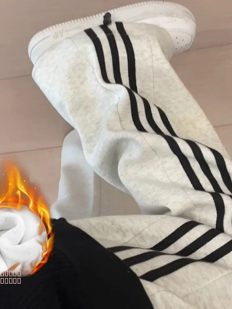 

Женские брюки прямого кроя с широкими штанинами на флисовой подкладке, повседневные спортивные брюки, осенне-зимние, с высокой талией, свободного кроя, в корейском стиле