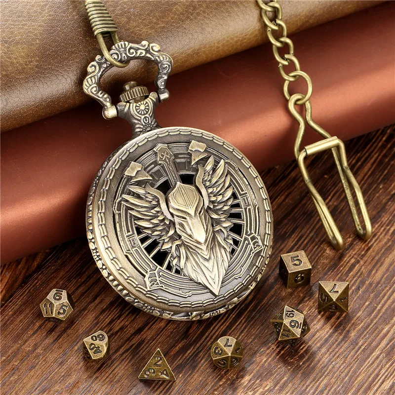 Steampunk 7pcs Metal Polyhedral Dice Dragon Role Play Gaming Dices with Knight Pocket Watch Case FOB Chain