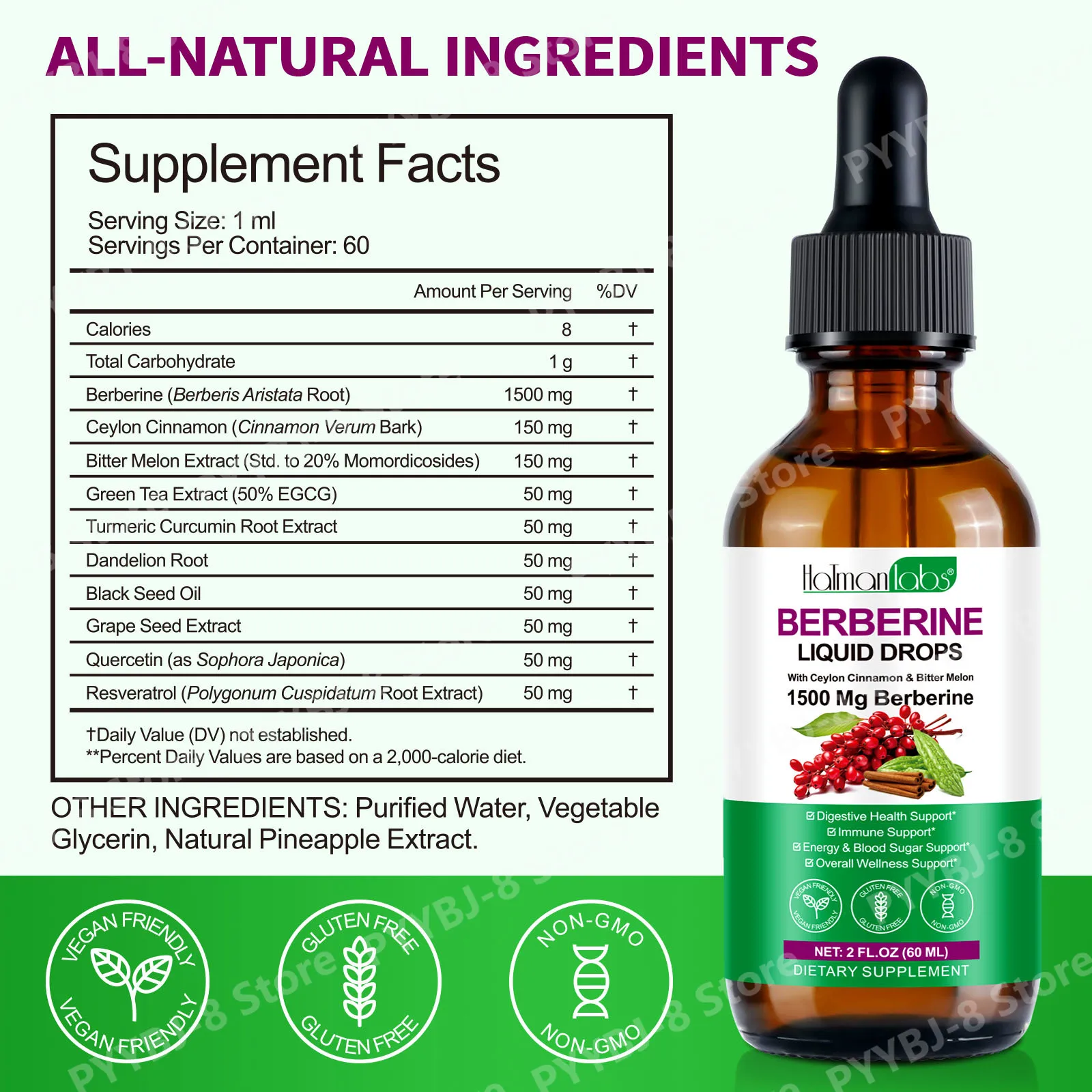 Holmanlabs Berberine Liquid Drops with Ceylon Cinnamon and Bitter Melon, Digestive Health Support, 1500 Mg, Vegan Non-GMO, 60 ML