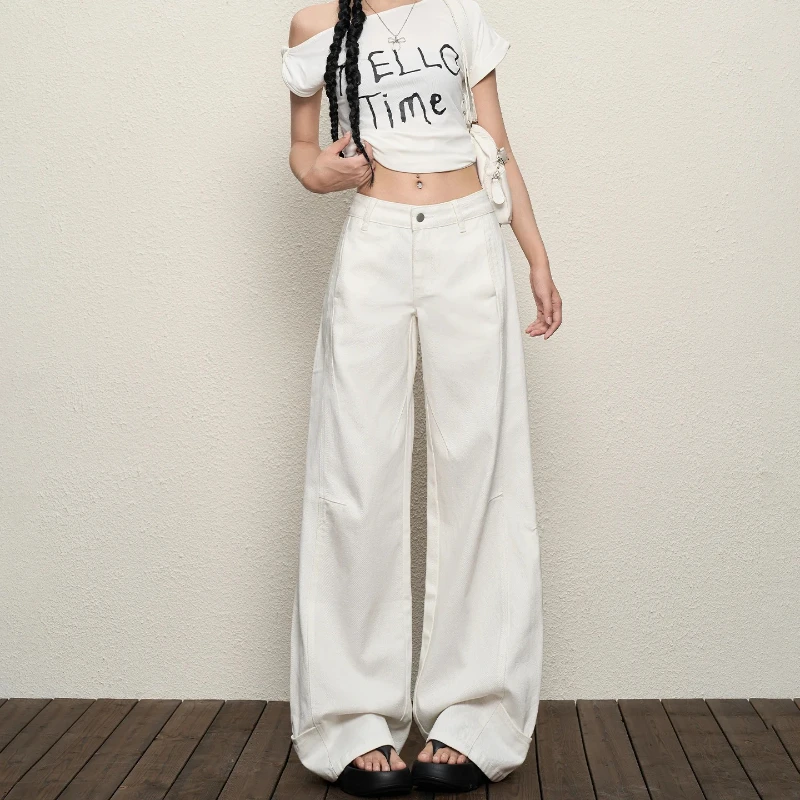 Women Low Rise White Jeans Effortless Relaxed Straight Wide Leg Silhouette Smooth Draped Fabric Multi-Occasion Casual Bottoms