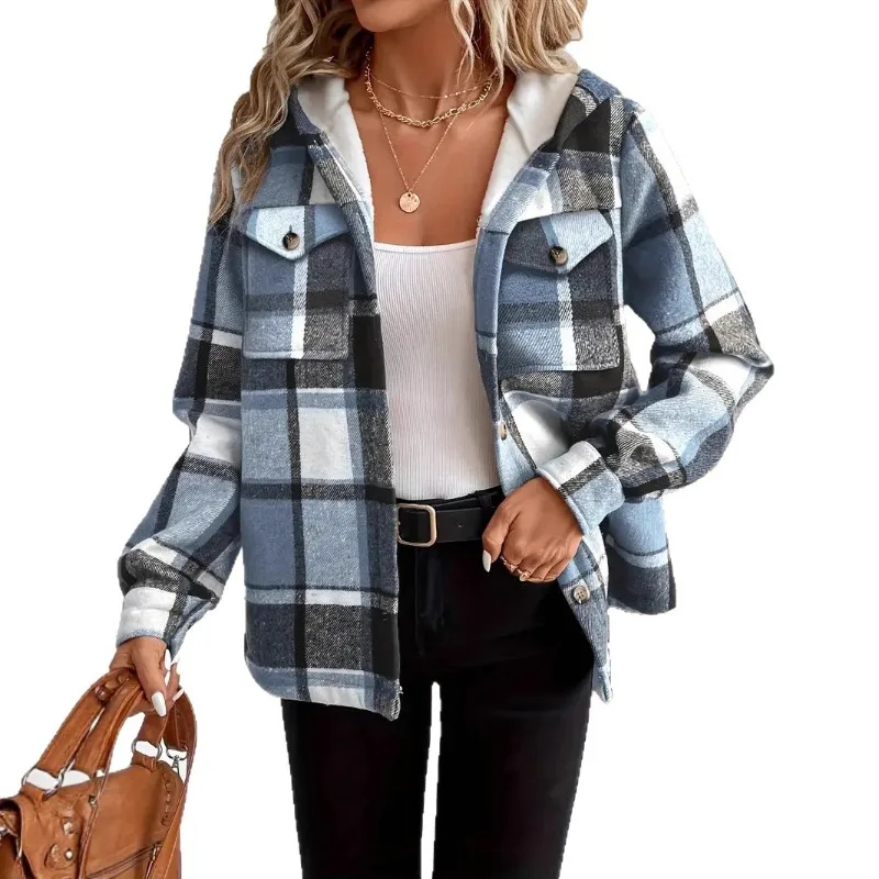 New autumn and winter loose long sleeved casual checkered hooded jacket baseball jacket
