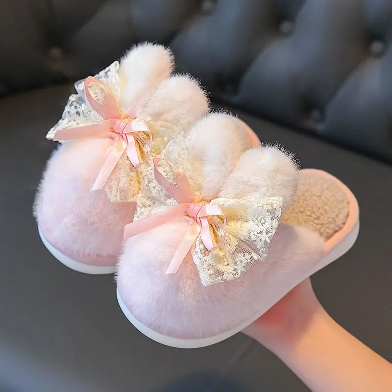 

Newest style pink rabbit slippers children winter fluffy room shoes toddler Infant slippers fur slides baby boy girl warm shoes