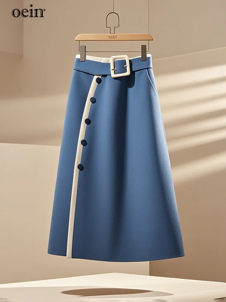 This Year's Popular Trend Is The Copper Sulfate High Waist Slimming A-line Skirt A High-end Feel, Blue Woolen Slanted