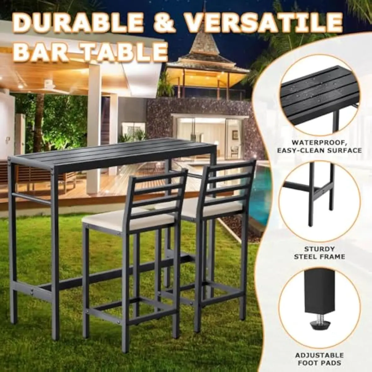 Outdoor 3-Piece Counter Height Bar Set – Matte Black Metal Table 50 Inches + 2 Ergonomic Stools 41 Inches with Dense Foam Cushio - view 6