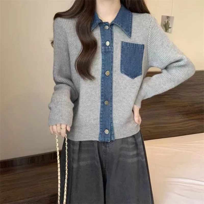 Design Sense Autumn Winter PoIo Collar Stitched Denim Knitted Cardigan Commuting Sweater Women's Loose and Thin Fashion Jacket