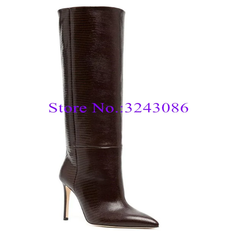 New Arrival Lady skórzane długie buty Sexy wężowa cienka pięta kobieta buty do kolan damska moda duży rozmiar buty bankietowe