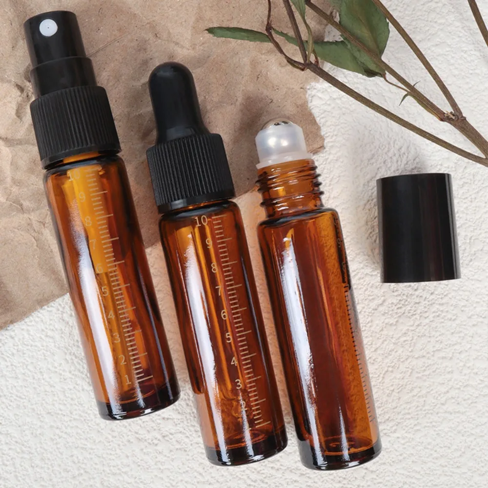 Flacons compte-gouttes à bille en verre ambré de 10 ml avec graduations, rechargeables, protection UV, pour huiles essentielles et parfums
