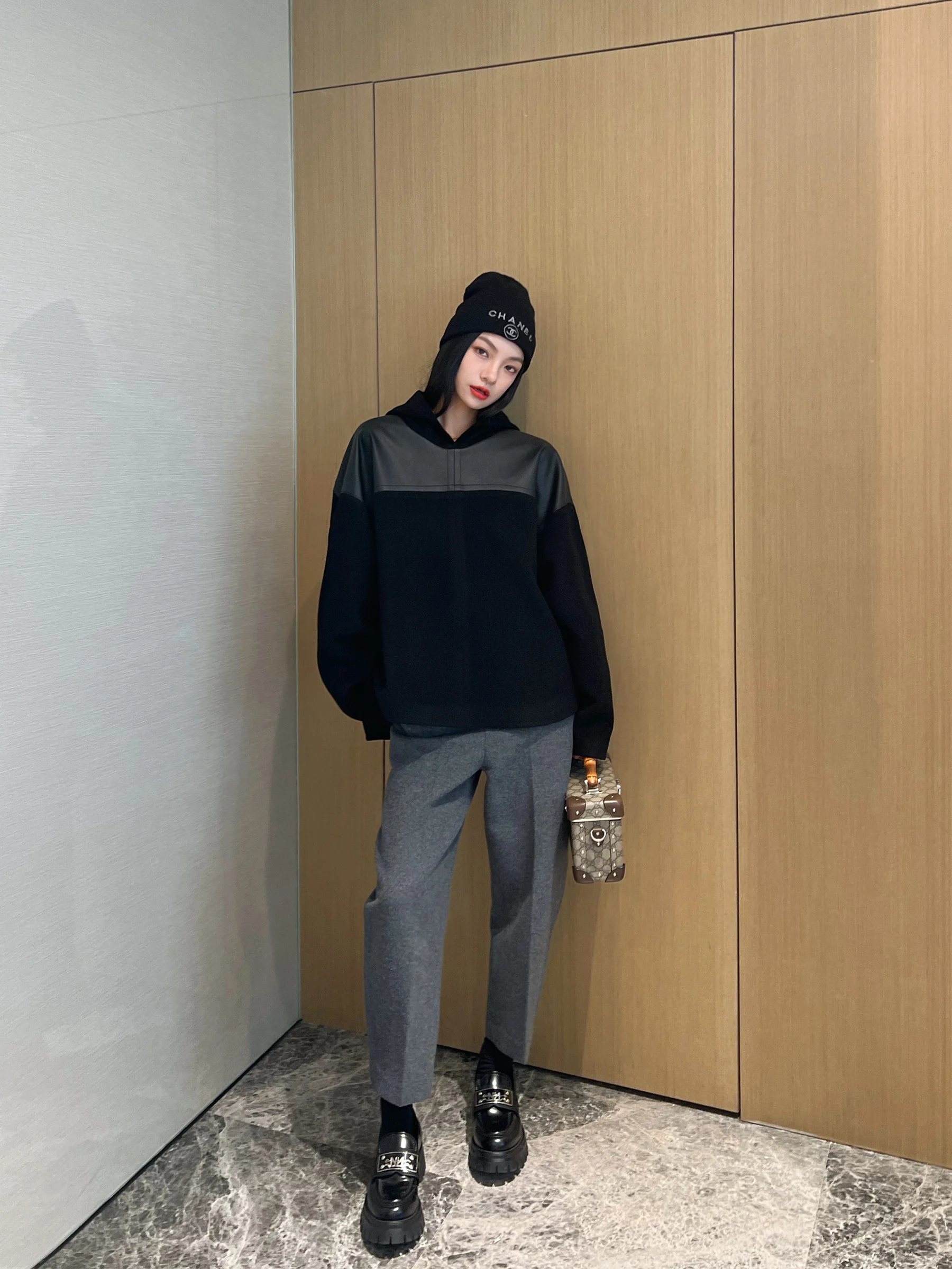 

NancyCavally Sli INS Blogger Sle CE Windproof Woolen Hoodie oulder-Down Splicing Protein Leather Eco-friendly Women's...