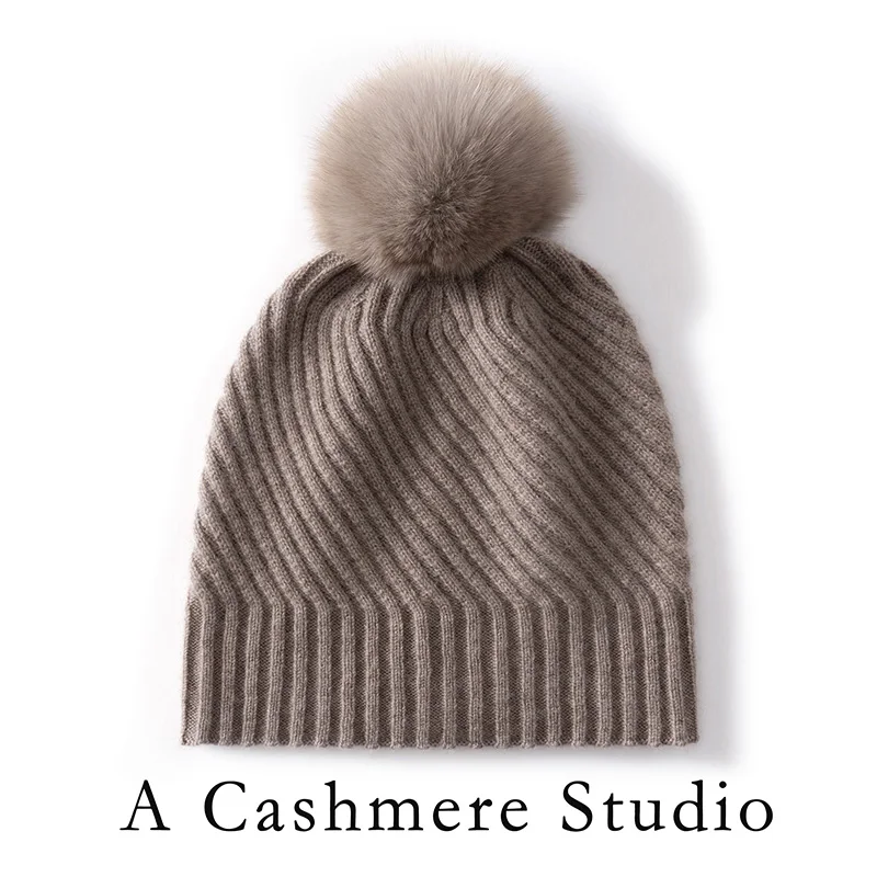 

Hot Selling Women's Cashmere Pom-pom Pinstripe Beanie Autumn Winter Casual Cute Warm Comfortable Soft 100% Cashmere Knit Cap