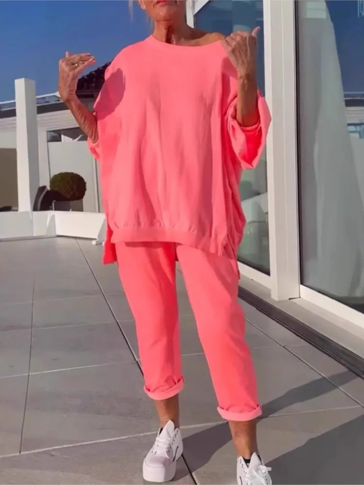 

Autumn New Suit Oversize Women Sports Two Piece Set New Fashion Round Neck Long Sleeve Loose Top Pants Set For Women Outfits