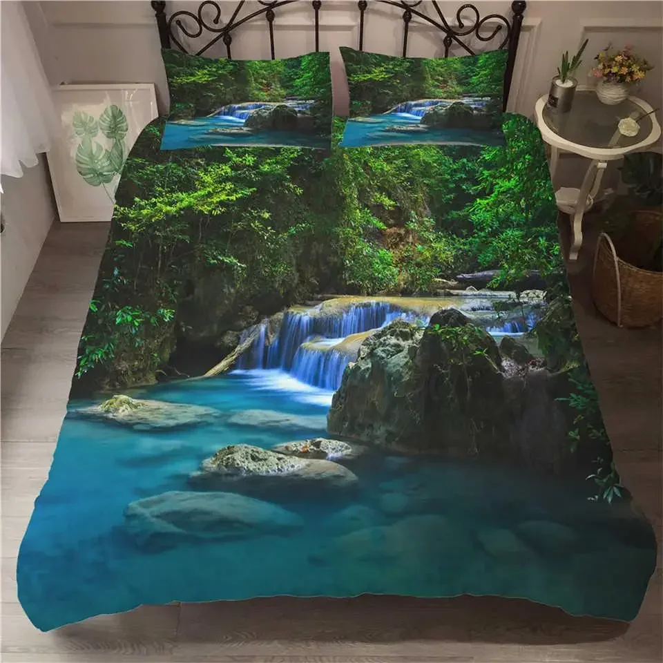 Waterfall Duvet Cover Set Natural Scenery Quilt Cover Pillowcase Landscape Forest Waterfall Queen Size Polyester Bedding Set