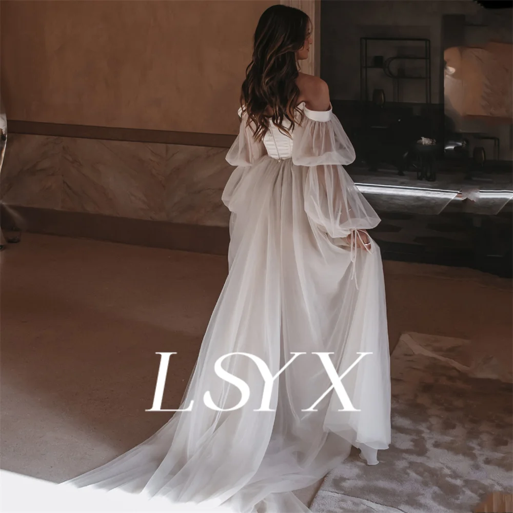 LSYX Boho Off-Shoulder Illusion Long Puff Sleeves Tulle Wedding Dress Zipper Back Court Train Bridal Gown Custom Made